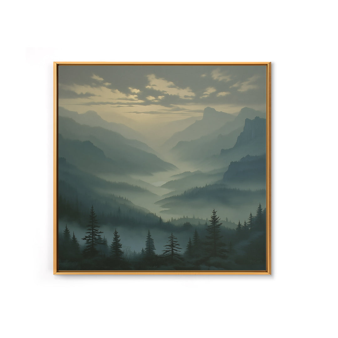 Misty Mountain Valley Framed Canvas Print, General Fine Art, Decor, Living Room Decor, Fine Art, Digital Wall Art, GEN-1x1-28