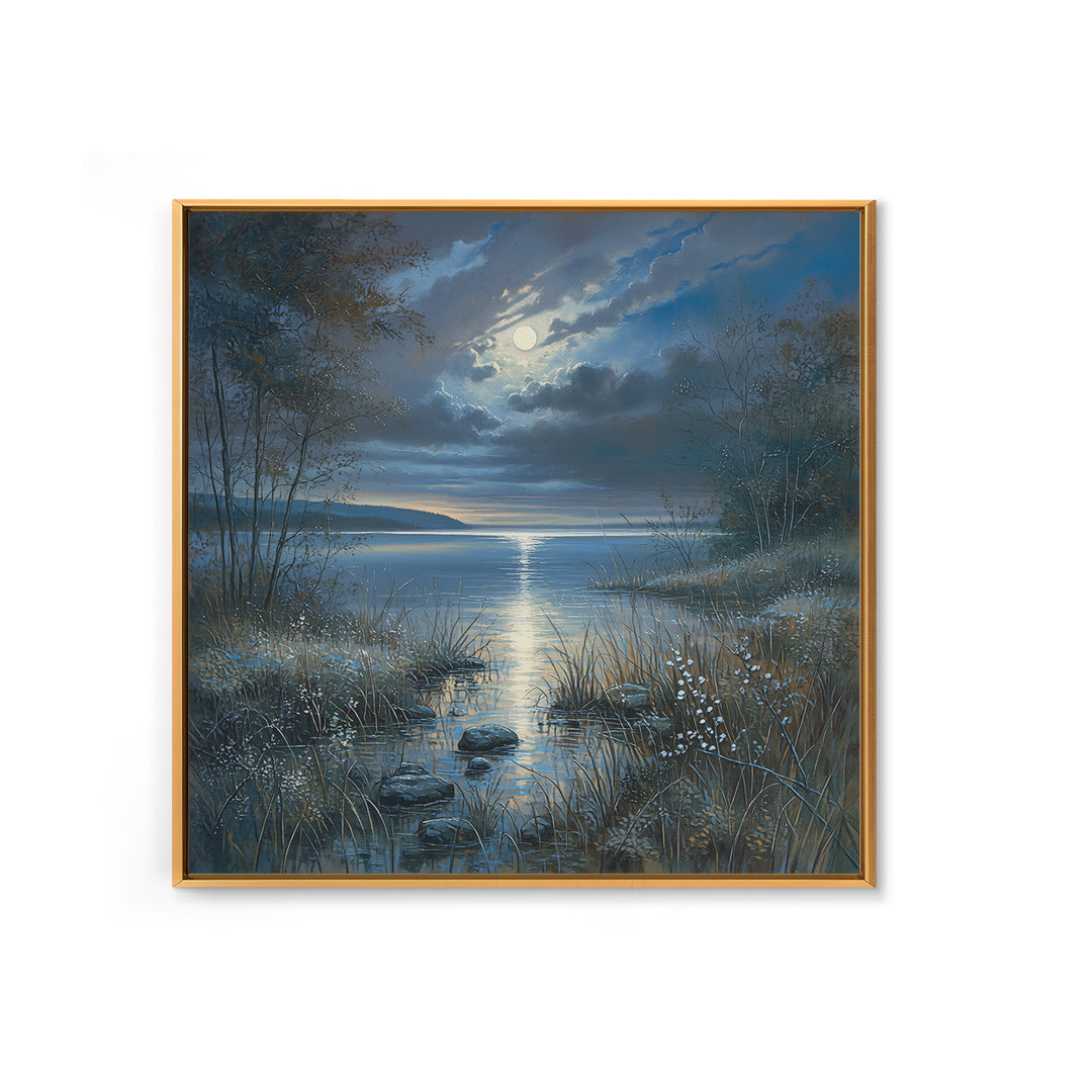 Dreamlike Moonlit Lake Framed Canvas Print, General Fine Art, Boho Decor, Living Room Decor, Fine Art, Wall Decor, GEN-1x1-61
