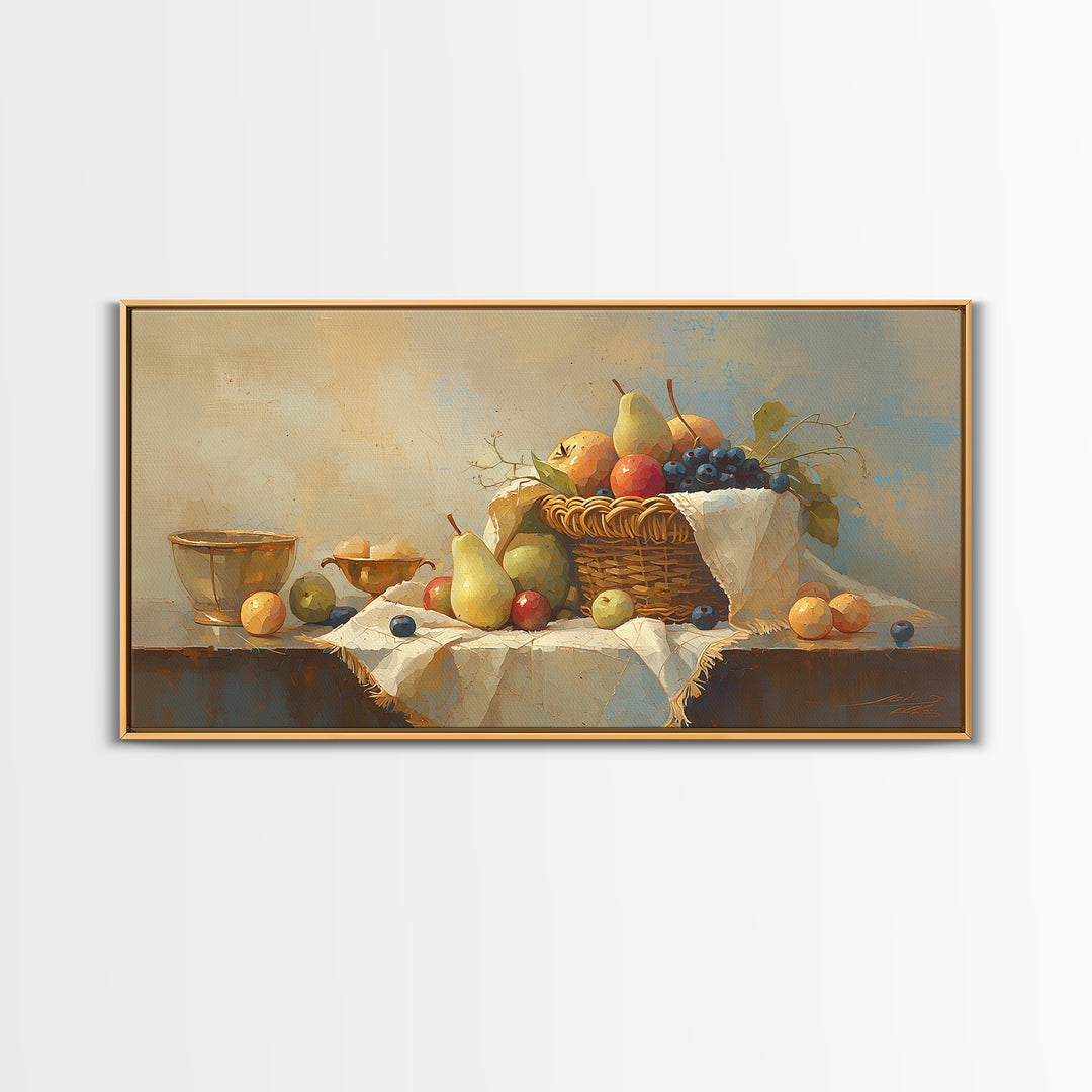 Simple Still Life of Fruit and Linen Framed Canvas Print, General Fine Art, Room Decor, Living Room Decor, Abstract Art, GEN-2x1-12