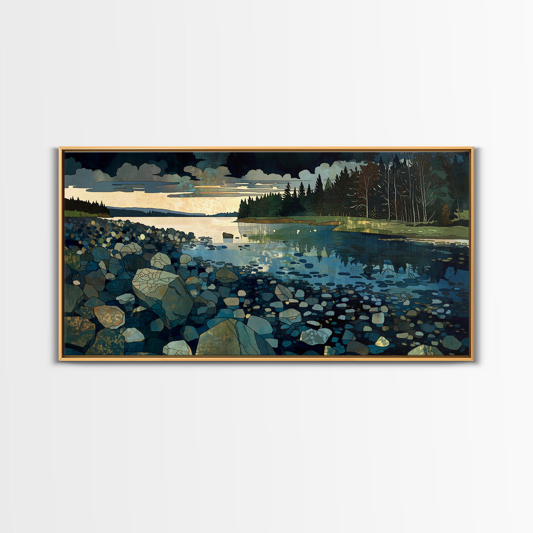 Quiet Abstract River Shape Framed Canvas Print, General Fine Art, Statement Artwork, Living Room Decor, Abstract Art, GEN-2x1-20