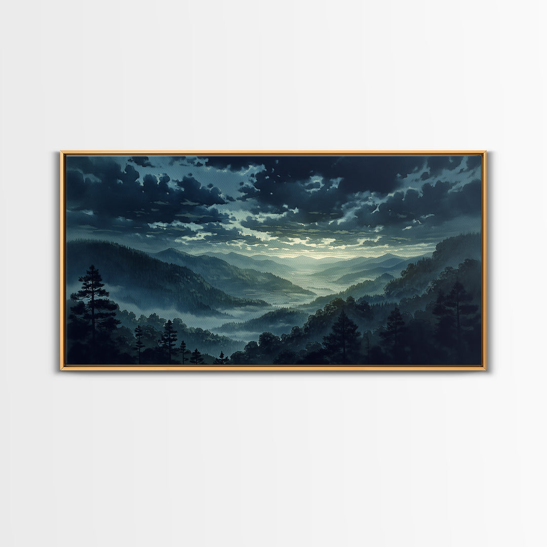 Misty Mountain Valley Framed Canvas Print, General Fine Art, Minimalist Decor, Living Room Decor, Oil Painting, GEN-2x1-24