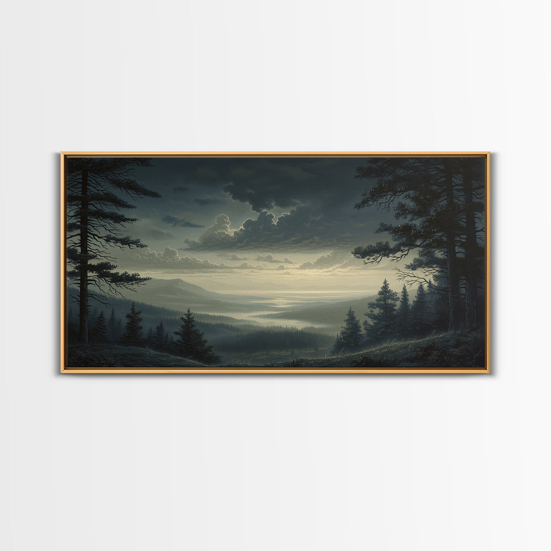 Moody Forest Clearing Framed Canvas Print, General Fine Art, Contemporary Art, Living Room Decor, Fine Art, Digital Art, GEN-2x1-28