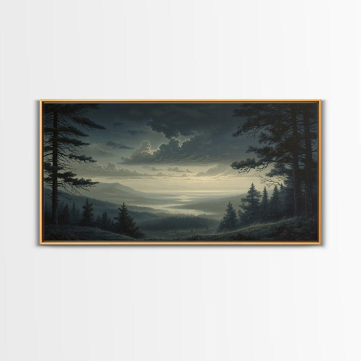 Moody Forest Clearing Framed Canvas Print, General Fine Art, Contemporary Art, Living Room Decor, Fine Art, Digital Art, GEN-2x1-28