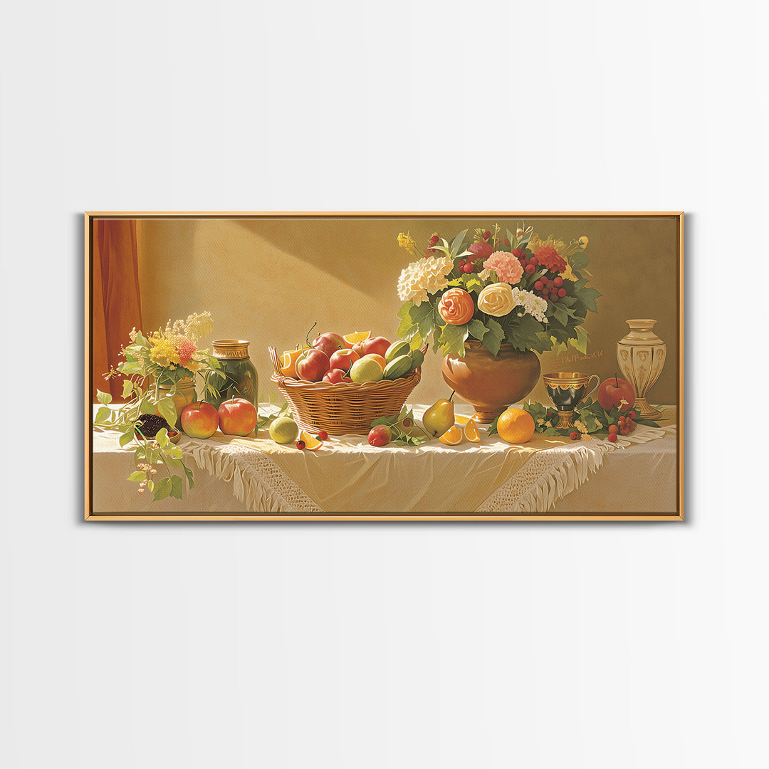 Simple Still Life of Fruit and Linen Framed Canvas Print, General Fine Art, Decor, Living Room Decor, Fine Art, GEN-2x1-60