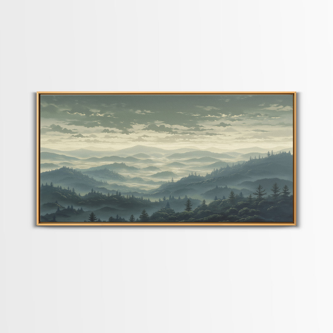 Misty Mountain Valley Framed Canvas Print, General Fine Art, Art Prints, Living Room Decor, Fine Art, Wall Hanging, GEN-2x1-72