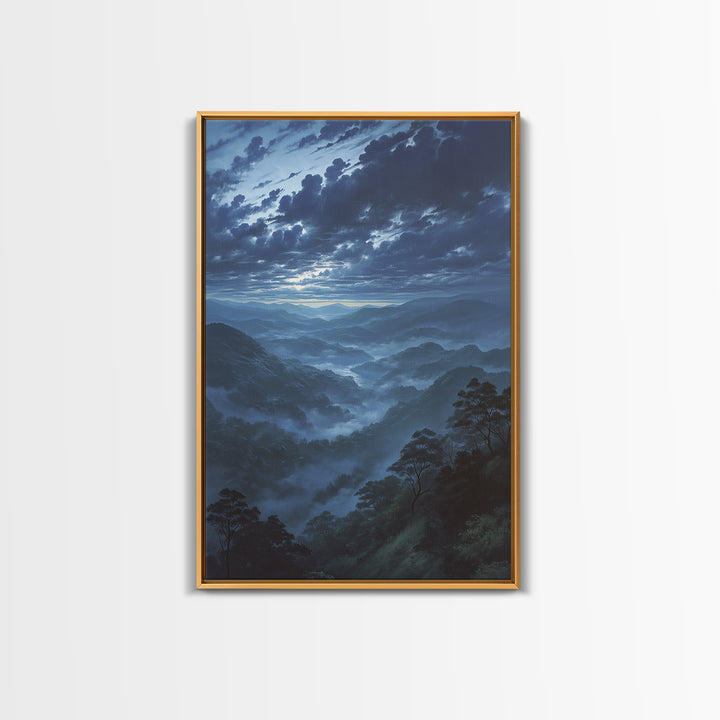 Misty Mountain Valley Framed Canvas Print, General Fine Art, Decor, Living Room Decor, Fine Art, Digital Wall Art, GEN-2x3-12