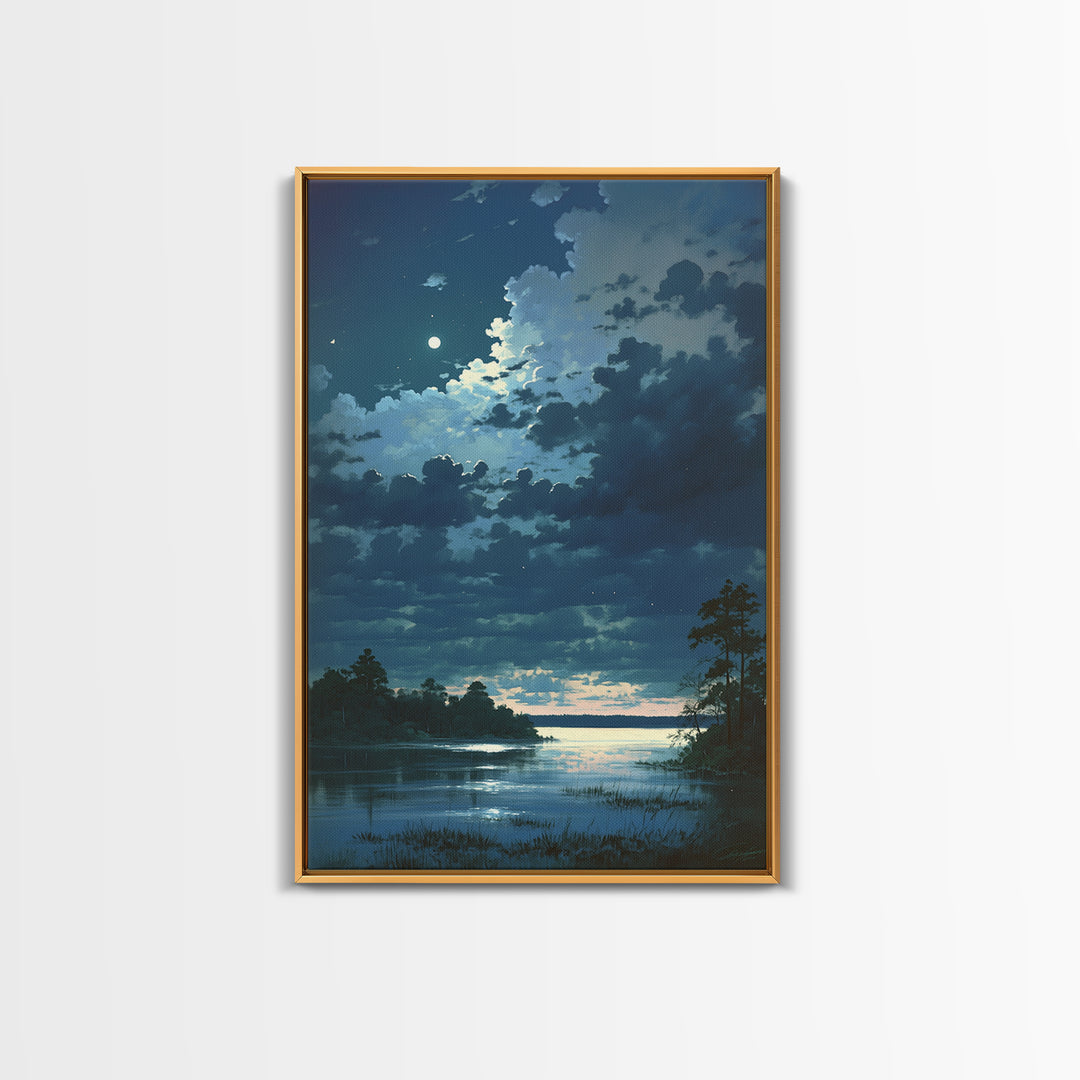 Dreamlike Moonlit Lake Framed Canvas Print, General Fine Art, Decor, Living Room Decor, Fine Art, Digital Wall Art, GEN-2x3-21