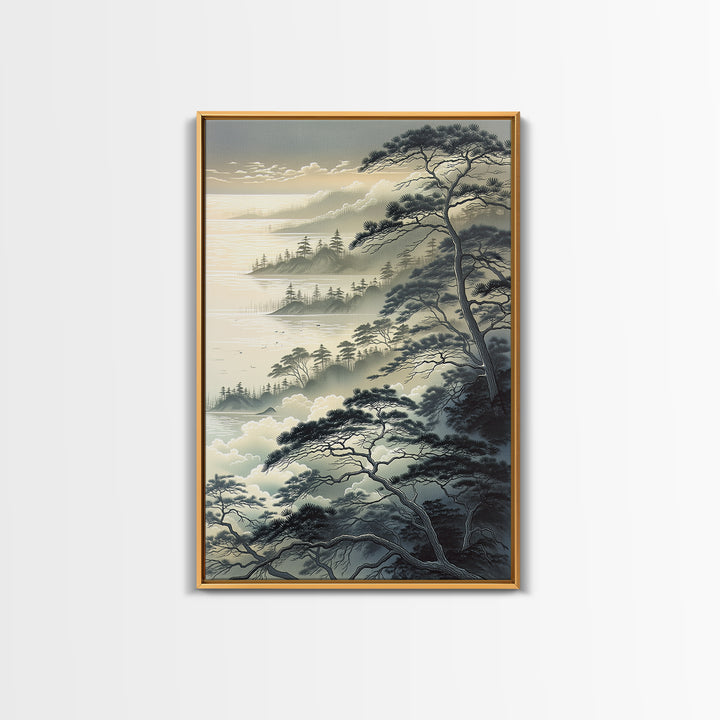 Elegant Ink Wash Landscape Framed Canvas Print, General Fine Art, Wall Hanging, Living Room Decor, Oil Painting, GEN-2x3-28