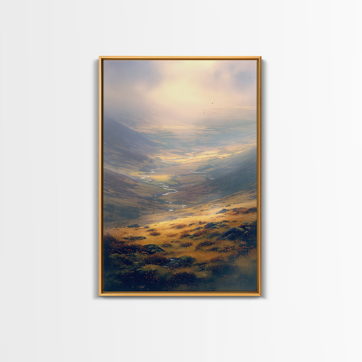 Misty Mountain Valley Framed Canvas Print, General Fine Art, Digital Print, Living Room Decor, Watercolor Art, GEN-2x3-36