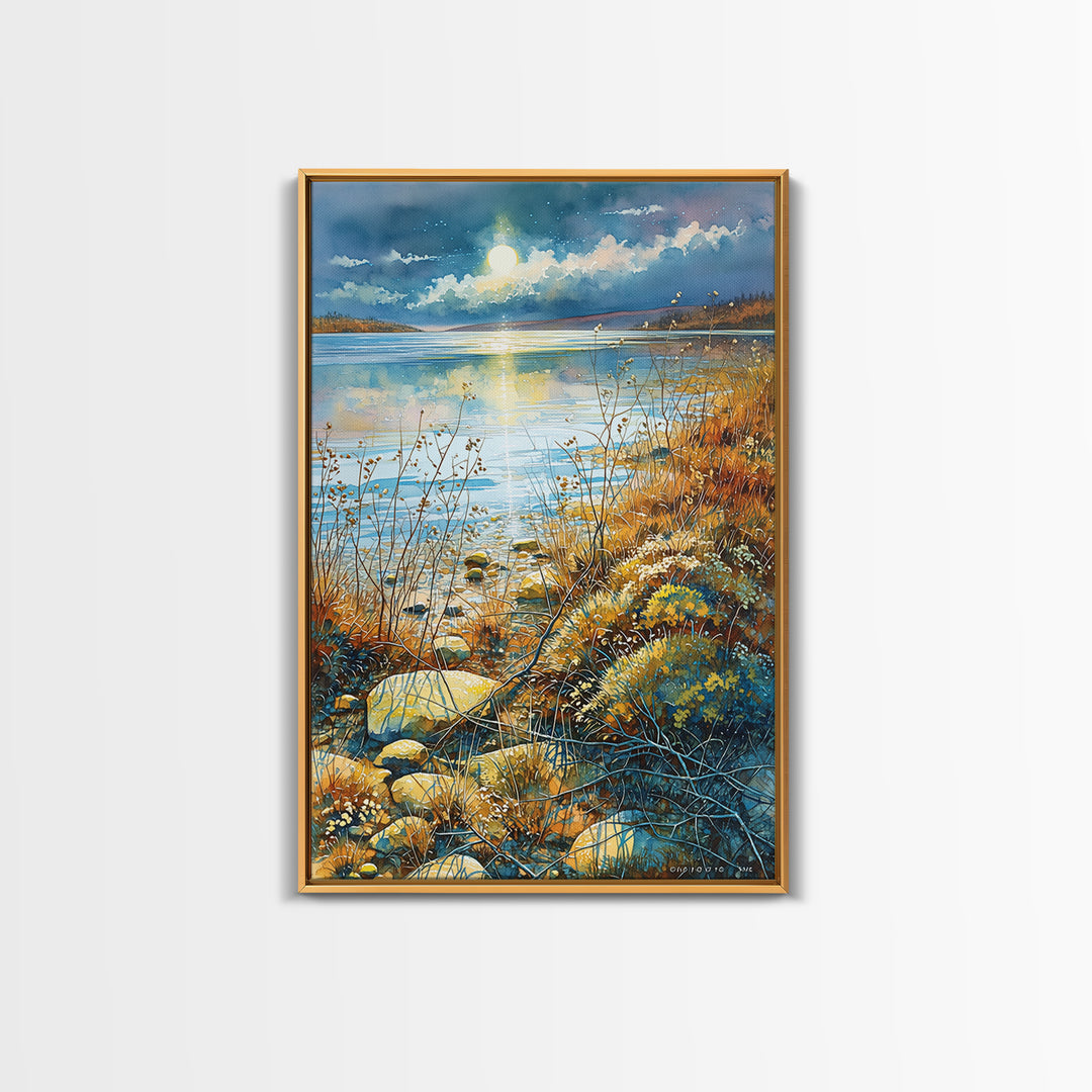 Dreamlike Moonlit Lake Canvas Print, General Fine Art, Printable, Living Room Decor, Oil Painting, Framed Wall Art, GEN-2x3-45