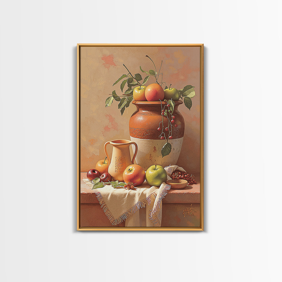 Simple Still Life of Fruit and Linen Framed Canvas Print, General Fine Art, Home Decor, Living Room Decor, Abstract Art, GEN-2x3-48
