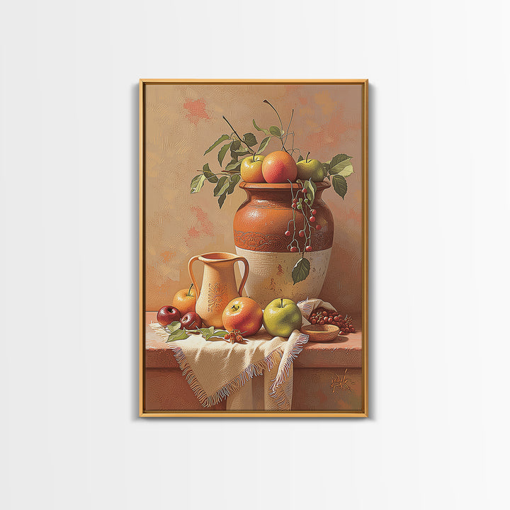 Simple Still Life of Fruit and Linen Framed Canvas Print, General Fine Art, Home Decor, Living Room Decor, Abstract Art, GEN-2x3-48
