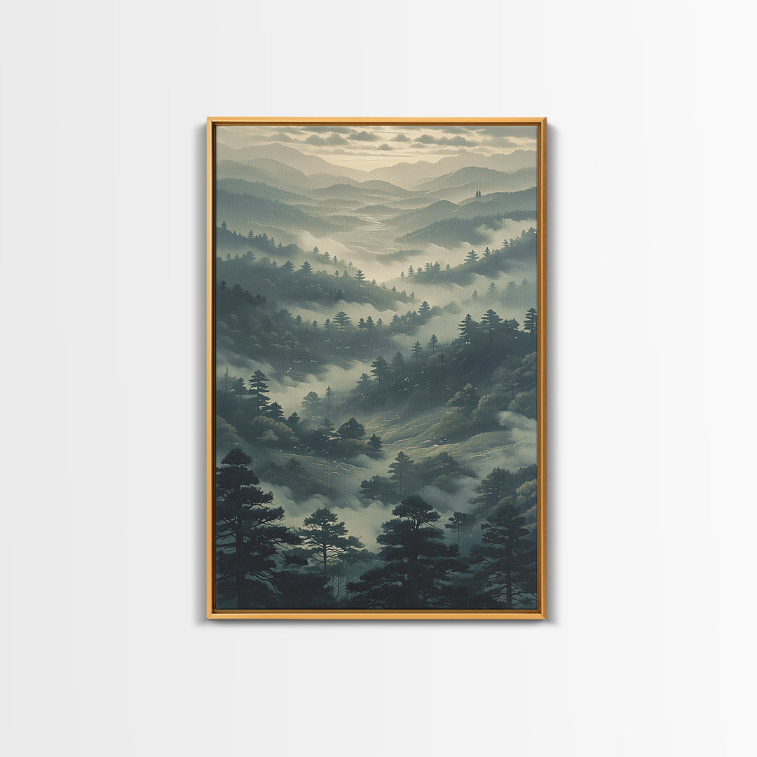 Misty Mountain Valley Framed Canvas Print, General Fine Art, Art Prints, Living Room Decor, Fine Art, Wall Hanging, GEN-2x3-60