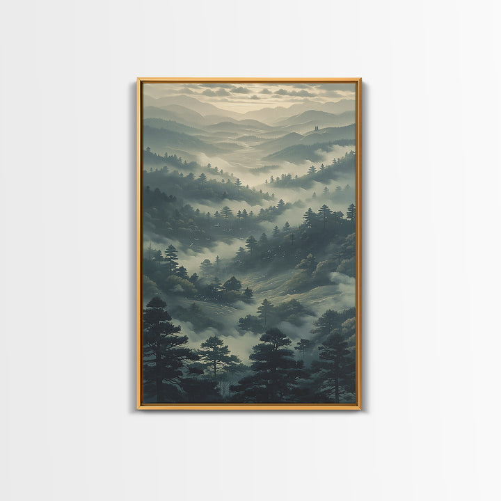 Misty Mountain Valley Framed Canvas Print, General Fine Art, Art Prints, Living Room Decor, Fine Art, Wall Hanging, GEN-2x3-60