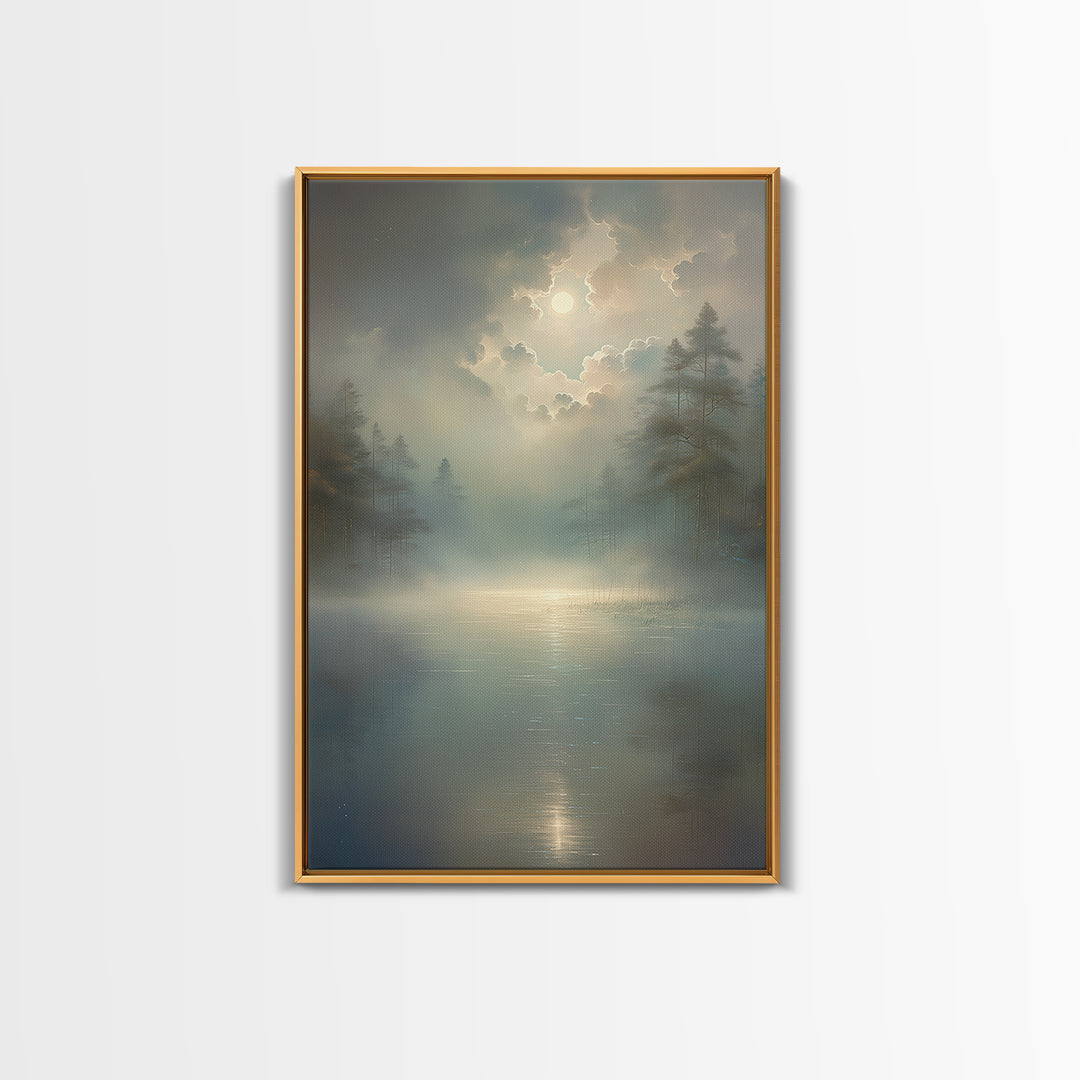 Dreamlike Moonlit Lake Framed Canvas Print, General Fine Art, Oil Painting, Living Room Decor, Fine Art, Gallery Decor, GEN-2x3-69