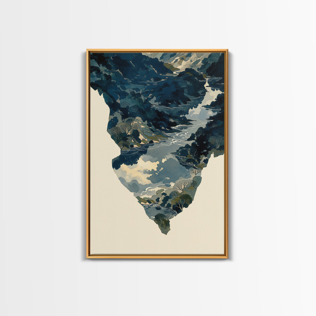 Quiet Abstract River Shape Framed Canvas Print, General Fine Art, Print, Living Room Decor, Abstract Art, Art Deco, GEN-2x3-80