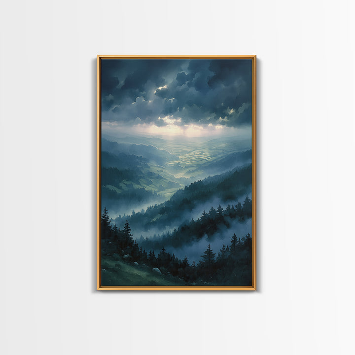 Misty Mountain Valley Framed Canvas Print, General Fine Art, Modern Decor, Living Room Decor, Fine Art, Poster, GEN-2x3-84