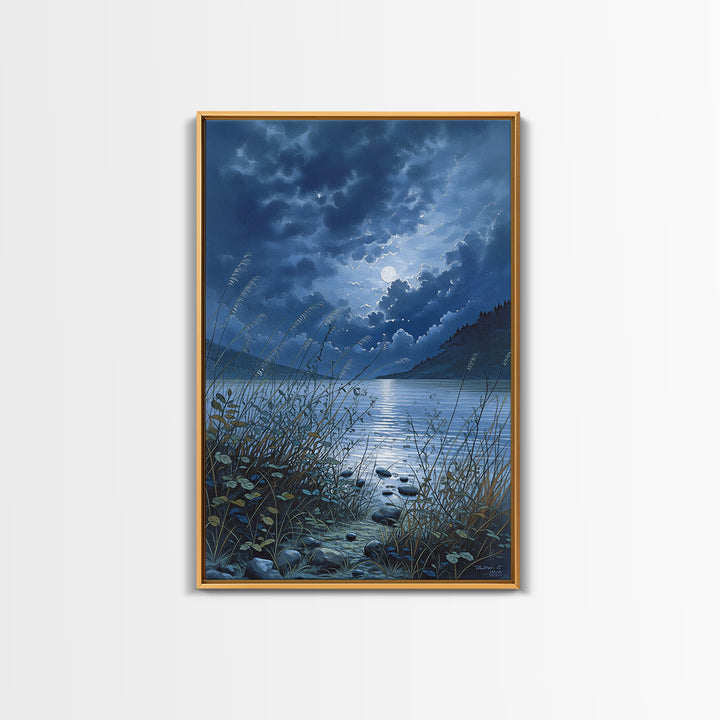 Dreamlike Moonlit Lake Framed Canvas Print, General Fine Art, Oil Painting, Living Room Decor, Fine Art, Gallery Decor, GEN-2x3-93