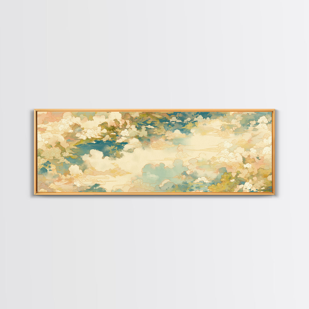 Romantic Cloudscape with Blush and Cream Tones Framed Canvas Print, General Fine Art, Painting, Living Room Decor, Fine Art, GEN-3x1-10