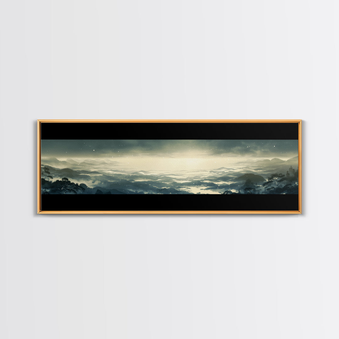 Elegant Ink Wash Landscape Framed Canvas Print, General Fine Art, Framed Wall Art, Living Room Decor, Watercolor Art, GEN-3x1-12