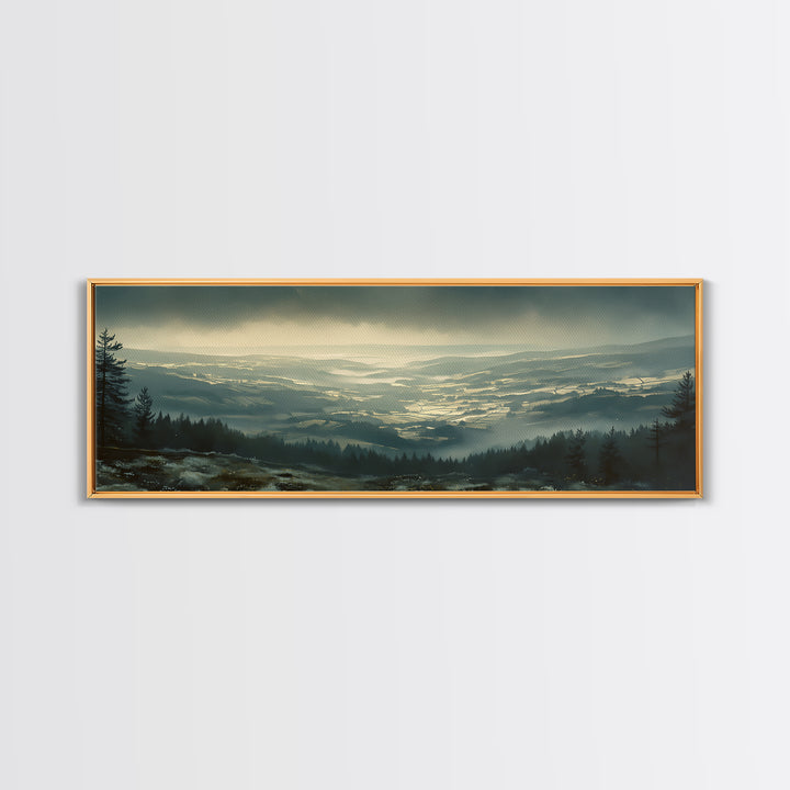 Misty Mountain Valley Framed Canvas Print, General Fine Art, Modern Decor, Living Room Decor, Fine Art, Poster, GEN-3x1-44