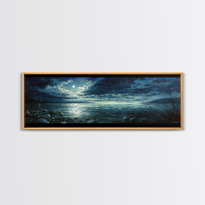Dreamlike Moonlit Lake Framed Canvas Print, General Fine Art, Wall Art Prints, Living Room Decor, Watercolor Art, GEN-3x1-5
