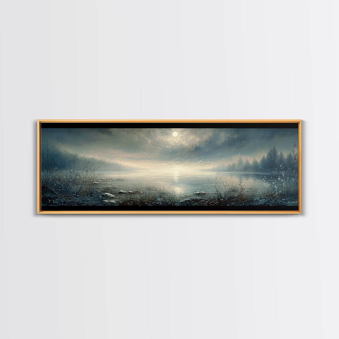 Dreamlike Moonlit Lake Framed Canvas Print, General Fine Art, Abstract Art, Living Room Decor, Oil Painting, GEN-3x1-53