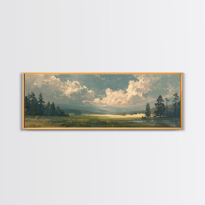 Sunlit Meadow with Loose Impressionist Brushwork Canvas Print, General Fine Art, Framed Wall Art, Living Room Decor, GEN-3x1-6