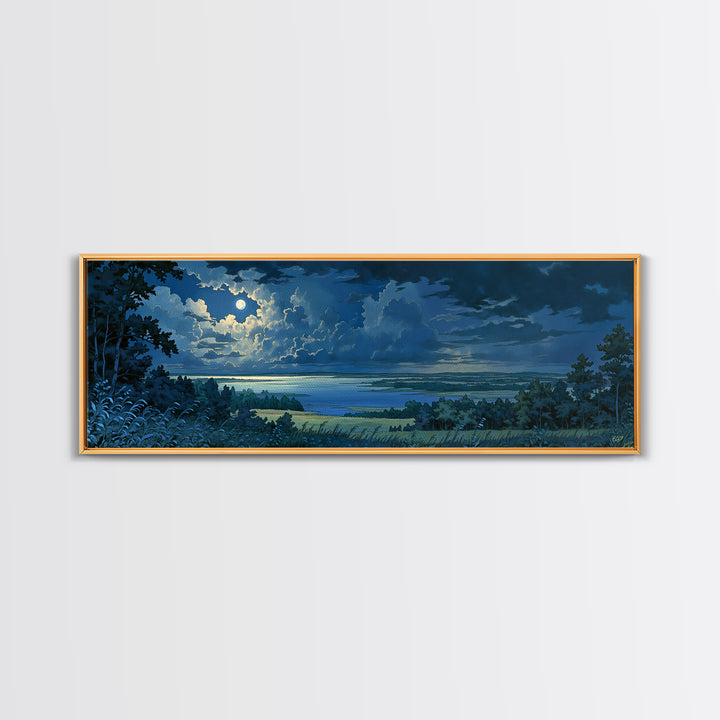 Dreamlike Moonlit Lake Framed Canvas Print, General Fine Art, Abstract Art, Living Room Decor, Oil Painting, GEN-3x1-77