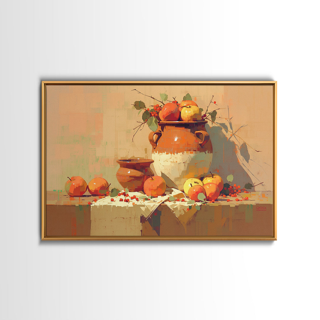 Simple Still Life of Fruit and Linen Framed Canvas Print, General Fine Art, Art Nouveau, Living Room Decor, Abstract Art, GEN-3x2-20