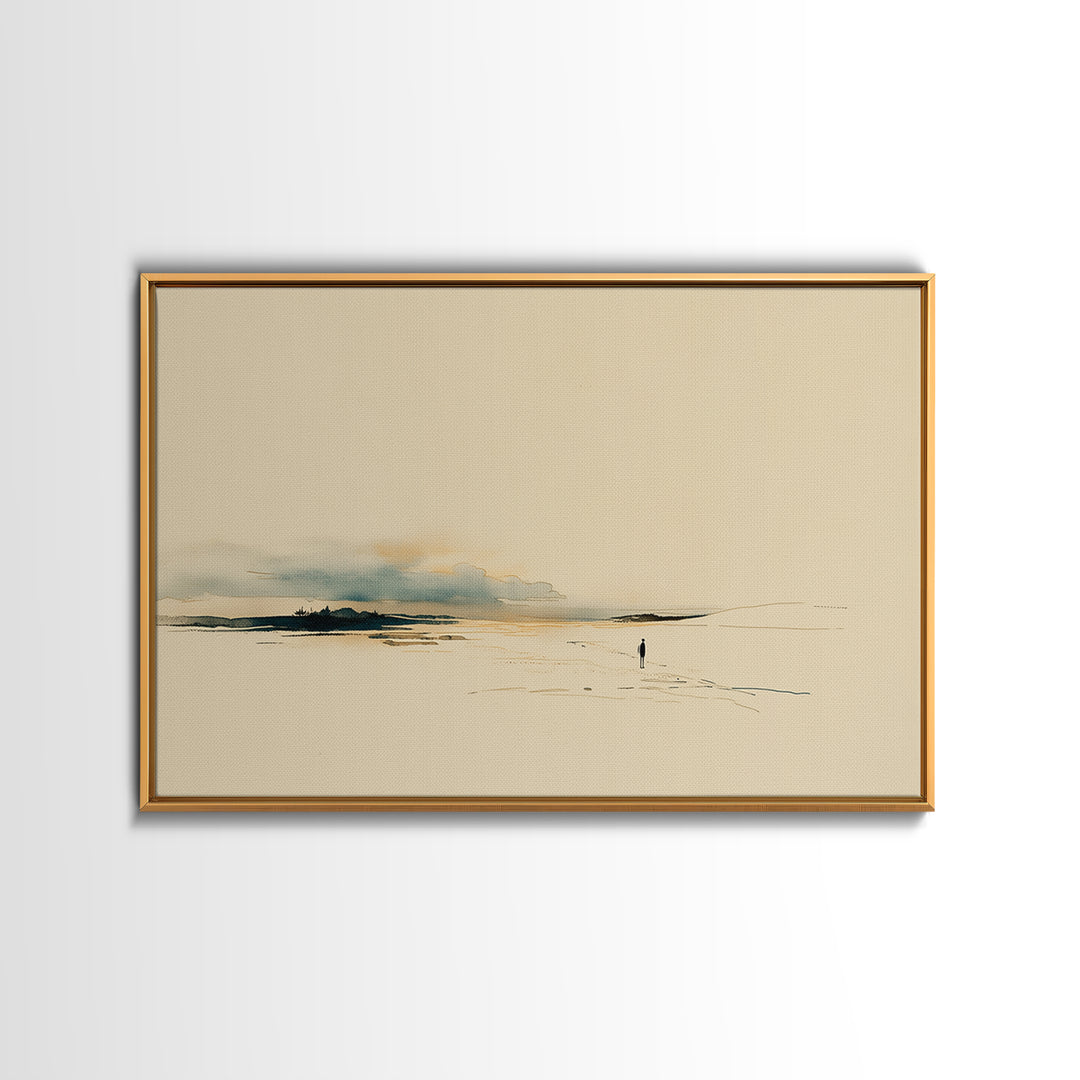 Minimal Black Line Figure on Textured Paper Framed Canvas Print, General Fine Art, Digital Art, Living Room Decor, Fine Art, GEN-3x2-7