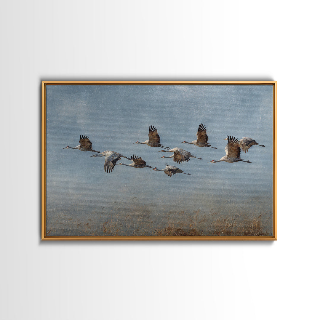 Minimal Birds in Flight over an Open Framed Canvas Print, General Fine Art, Art Deco, Living Room Decor, Oil Painting, GEN-3x2-74