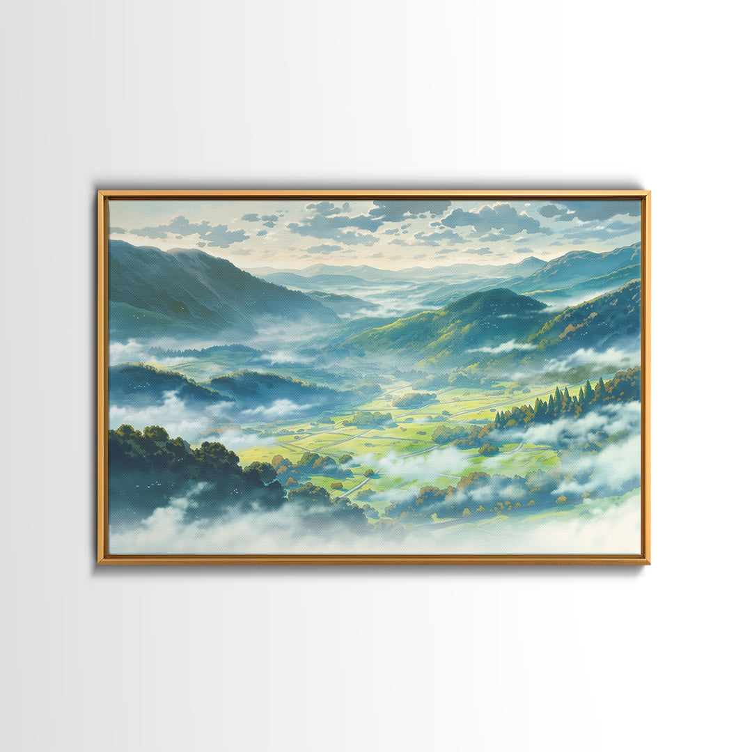 Misty Mountain Valley Framed Canvas Print, General Fine Art, Art Deco, Living Room Decor, Fine Art, Fine Art Print, GEN-3x2-8