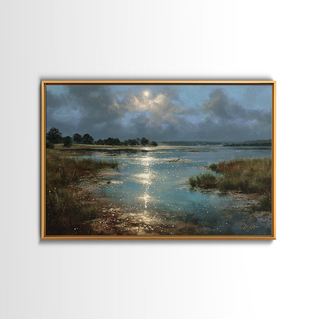 Dreamlike Moonlit Lake Canvas Print, General Fine Art, Boho Decor, Living Room Decor, Fine Art, Wall Decor, Painting, GEN-3x2-89