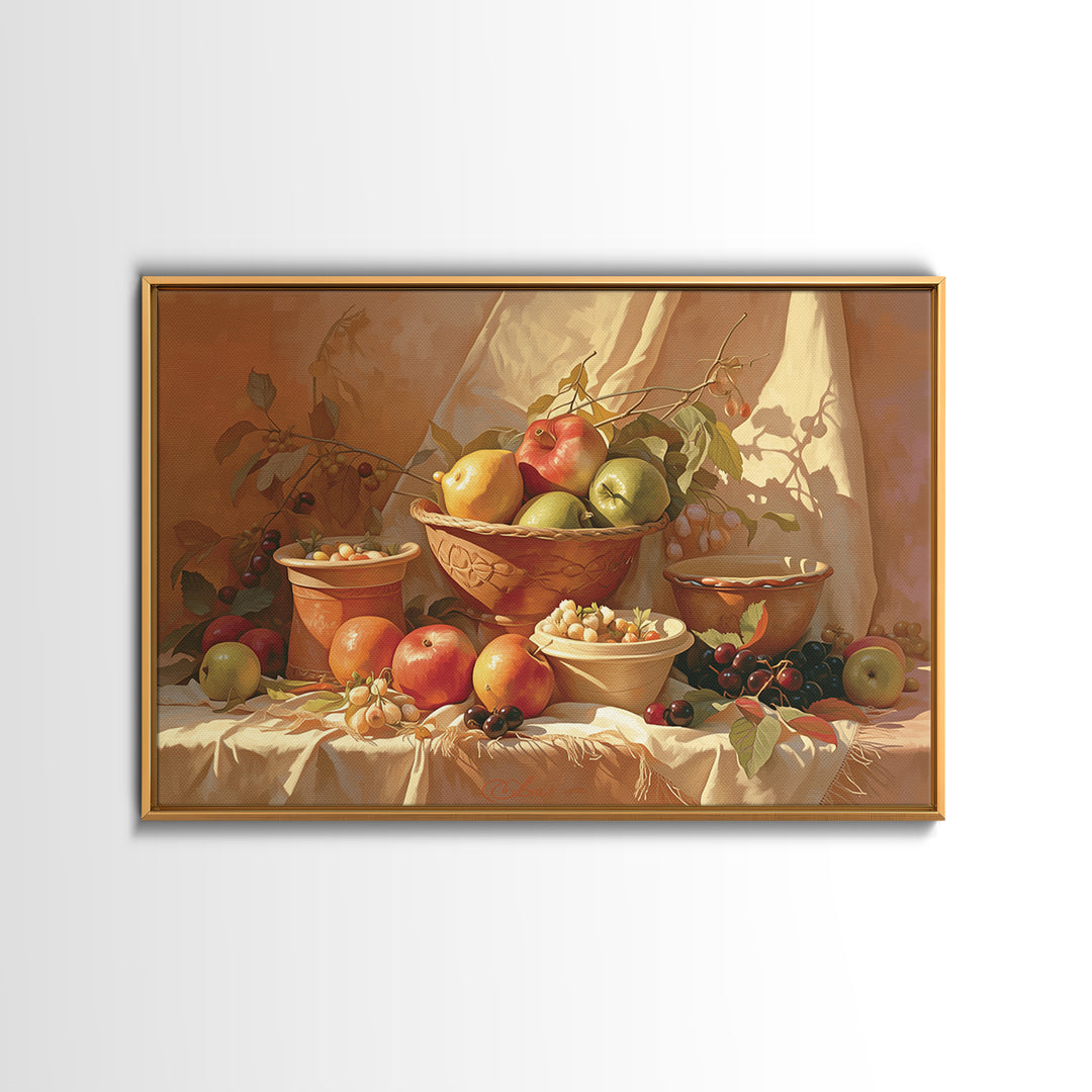 Simple Still Life of Fruit and Linen Framed Canvas Print, General Fine Art, Art, Living Room Decor, Abstract Art, GEN-3x2-92