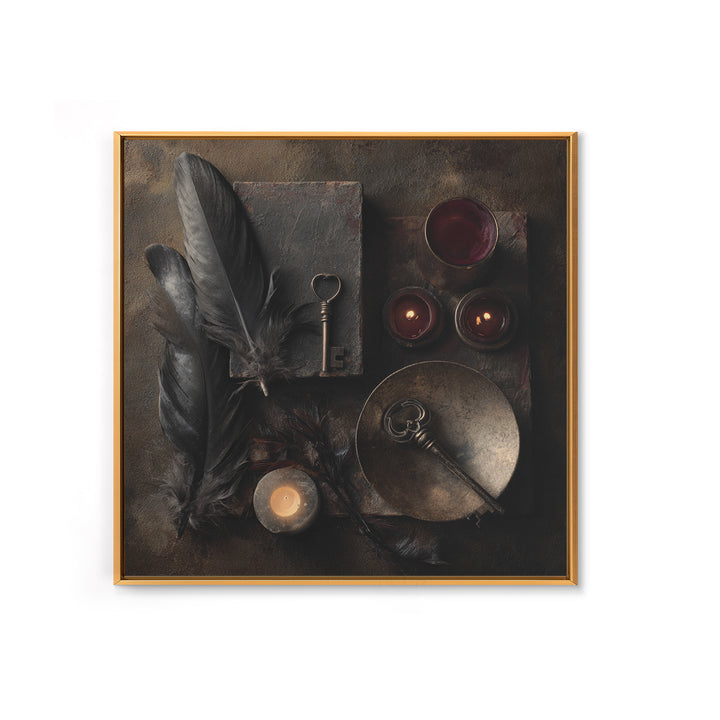 Crow Feathers and Antique Key Still Life Framed Canvas Print, Gothic Art, Halloween Decor, Living Room Decor, Fine Art, Gothic, GOT-1x1-12