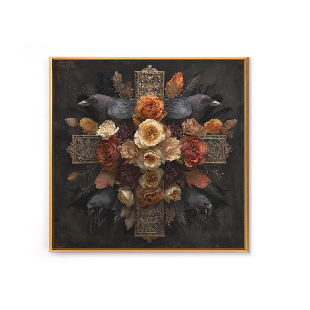 Ornate Cross and Roses Dramatic Still Life Canvas Print, Gothic Art, Art Print, Living Room Decor, Gothic, Whimsigoth Decor, GOT-1x1-20