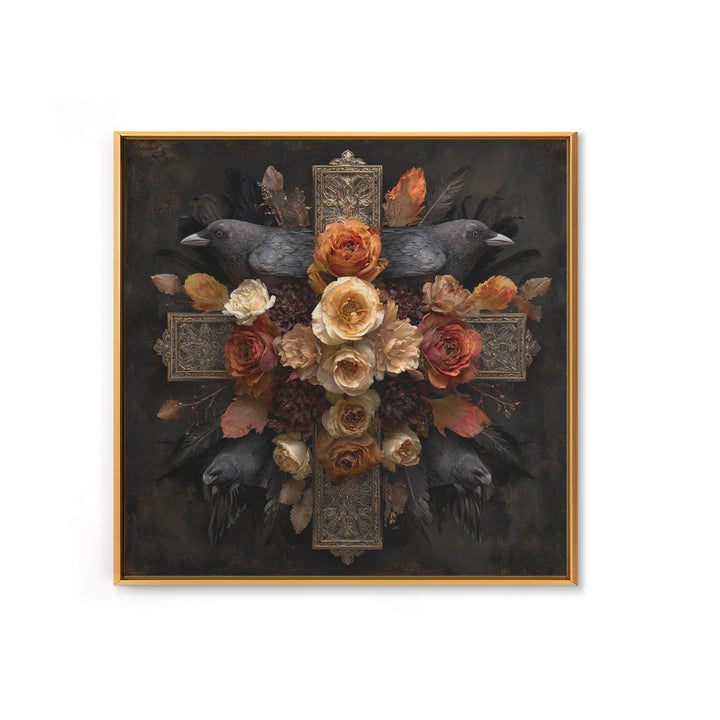Ornate Cross and Roses Dramatic Still Life Canvas Print, Gothic Art, Art Print, Living Room Decor, Gothic, Whimsigoth Decor, GOT-1x1-20