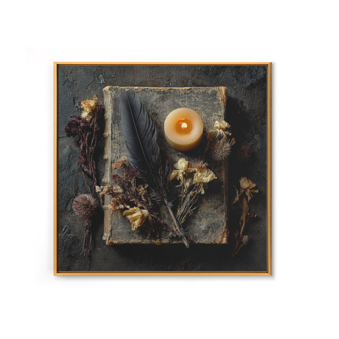 Candlelit Book and Dried Flowers Still Life Framed Canvas Print, Gothic Art, Canvas Painting, Living Room Decor, Gothic, GOT-1x1-42