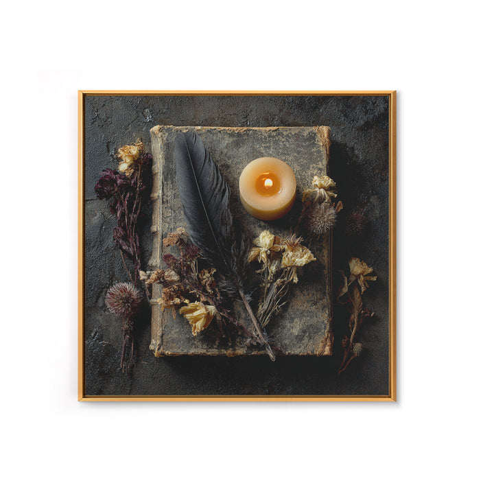 Candlelit Book and Dried Flowers Still Life Framed Canvas Print, Gothic Art, Canvas Painting, Living Room Decor, Gothic, GOT-1x1-42