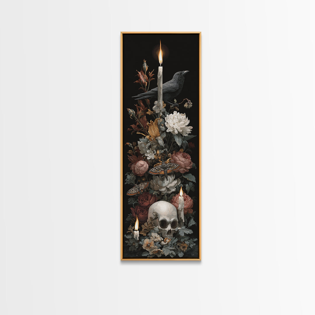 Moth and Skull Composition on Black Velvet Canvas Print, Gothic Art, Art Prints, Living Room Decor, Oil Painting, Gothic, GOT-1x3-27