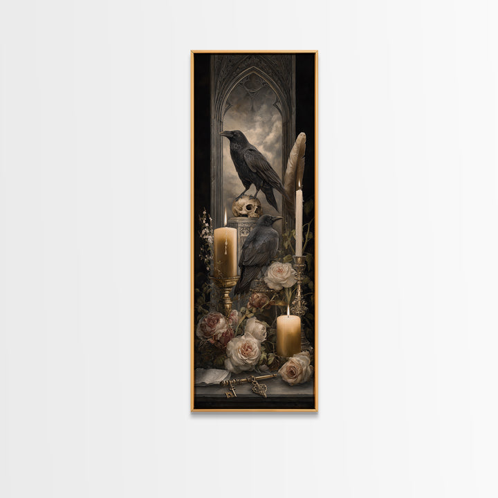Crow Feathers and Antique Key Still Life Canvas Print, Gothic Art, Art Nouveau, Living Room Decor, Gothic, Dark Academia Art, GOT-1x3-72