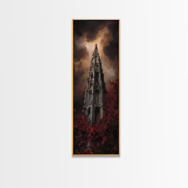 Cathedral Spire Beneath Lightning Clouds Framed Canvas Print, Gothic Art, Black and White Art, Living Room Decor, Gothic, GOT-1x3-74