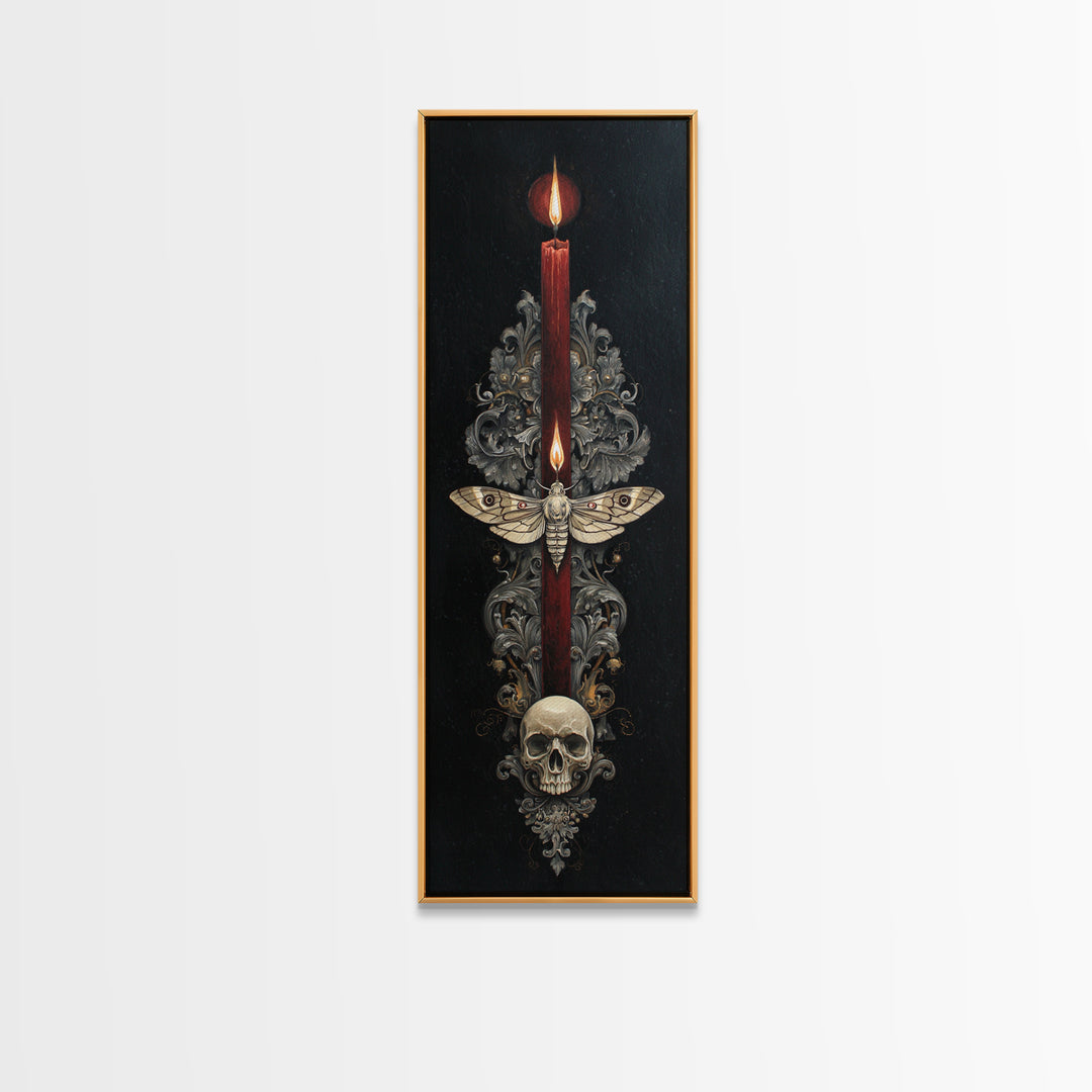 Moth and Skull Composition on Black Velvet Framed Canvas Print, Gothic Art, Living Room Decor, Fine Art, Gothic, Modern Decor, GOT-1x3-75