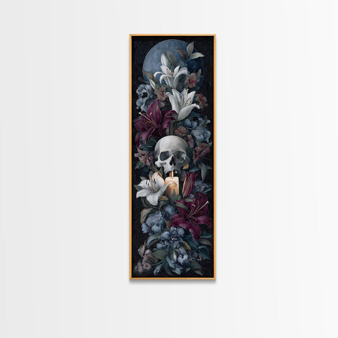 Skull Surrounded by Lilies and Candles Canvas Print, Gothic Art, Halloween Art, Living Room Decor, Gothic, Neutral Decor, GOT-1x3-89