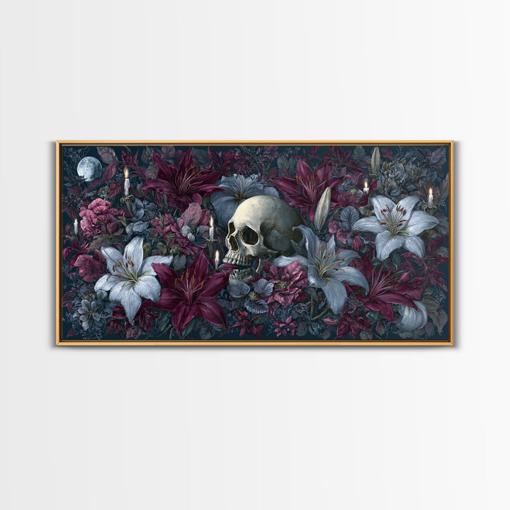 Skull Surrounded by Lilies and Candles Framed Canvas Print, Gothic Art, Home Decor, Living Room Decor, Fine Art, Gothic, GOT-2x1-1