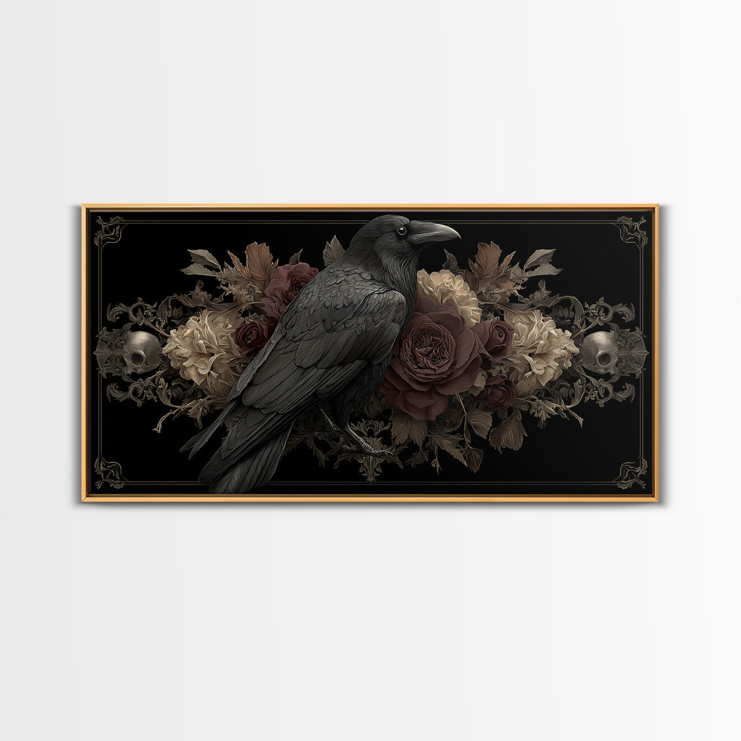 Raven Feathers Arranged Like a Halo Framed Canvas Print, Gothic Art, Fine Art Print, Living Room Decor, Fine Art, Gothic, GOT-2x1-18