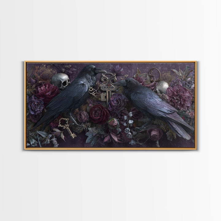 Crow Feathers and Antique Key Still Life Canvas Print, Gothic Art, Contemporary Art, Living Room Decor, Oil Painting, Gothic, GOT-2x1-32