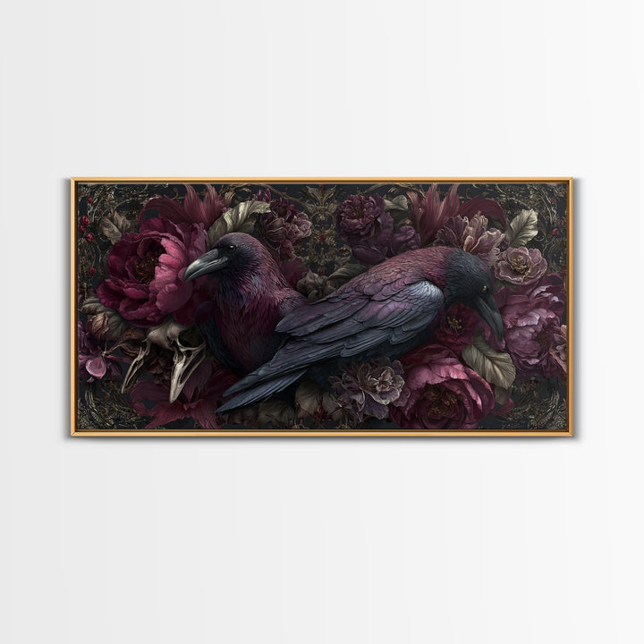 Raven Feathers Arranged Like a Halo Canvas Print, Gothic Art, Textured Painting, Living Room Decor, Watercolor Art, Gothic, GOT-2x1-66