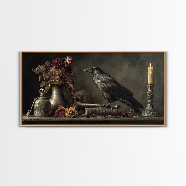 Crow Feathers and Antique Key Still Life Framed Canvas Print, Gothic Art, Dark Academia Decor, Living Room Decor, Gothic, GOT-2x1-80
